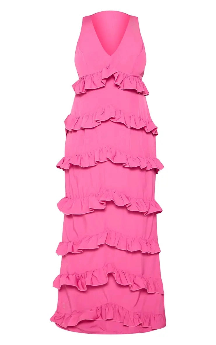Roselledress Crepe Ruffled Column V‑Neck Sleeveless Zip‑Back Maxi Plus Size Wedding Guest Dress