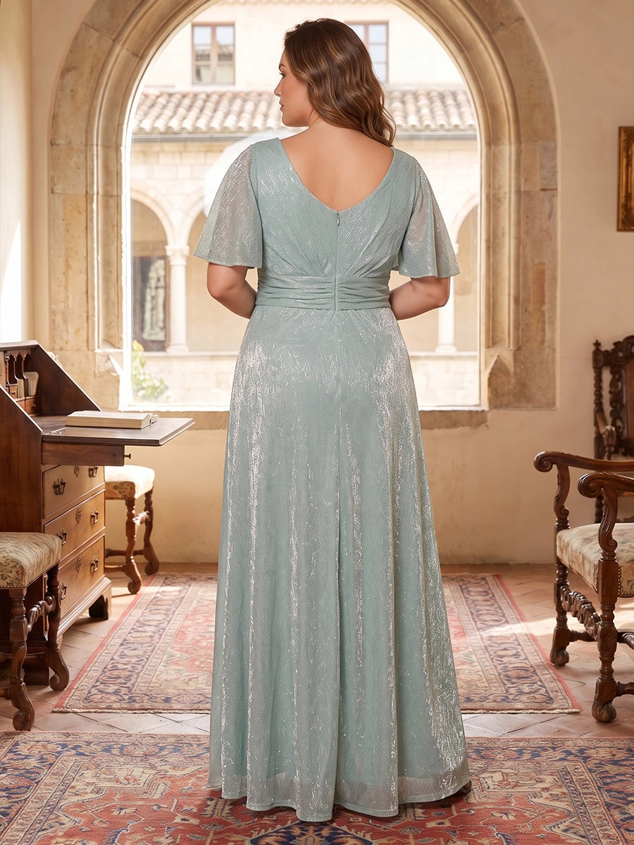 Roselledress metallic formal dress v back vertical center zipper ruched waist back view