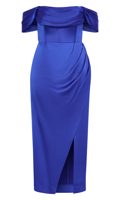 Plus‑Size Off‑The‑Shoulder Draped Satin Corset Bodice High Slit Column Maxi Wedding Guest Dress