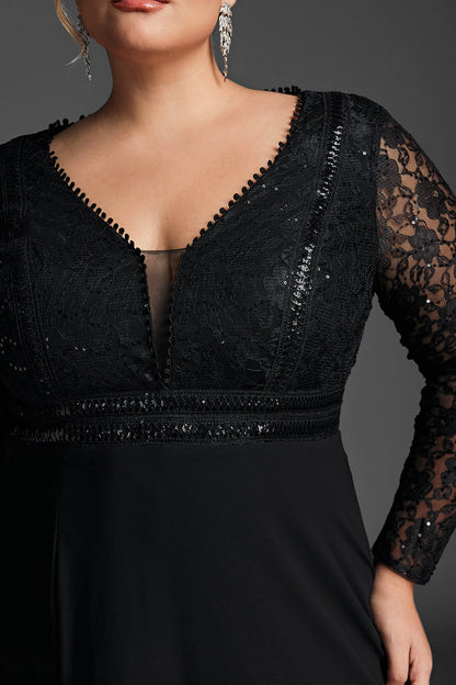 Glamorous A-Line Deep-V Long-Sleeve Solid-Back Slit Floor-Length Plus Size Mother Of Bride Dress