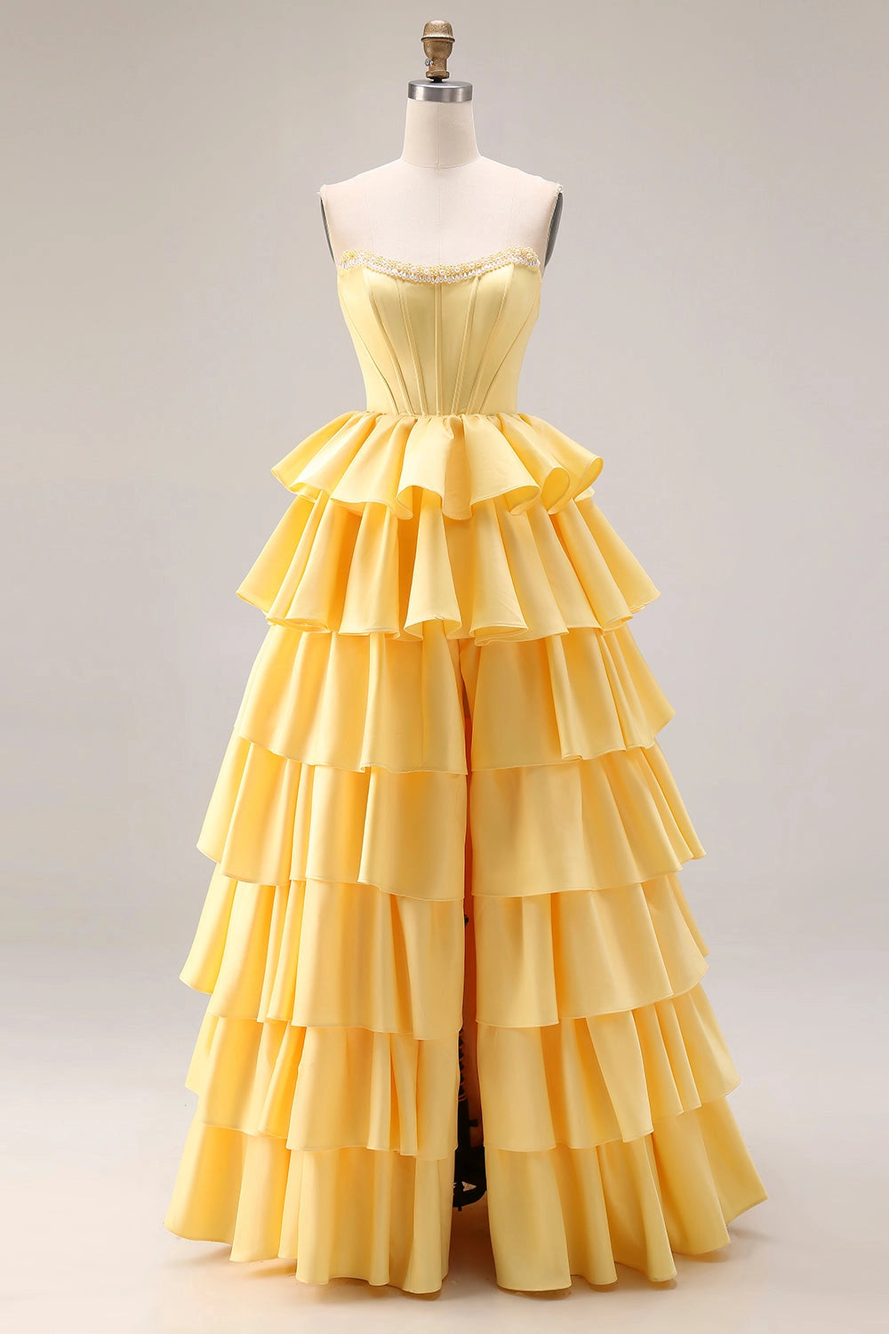 RoselleDress yellow satin ballgown prom dress strapless corset tiered ruffle mannequin studio shot