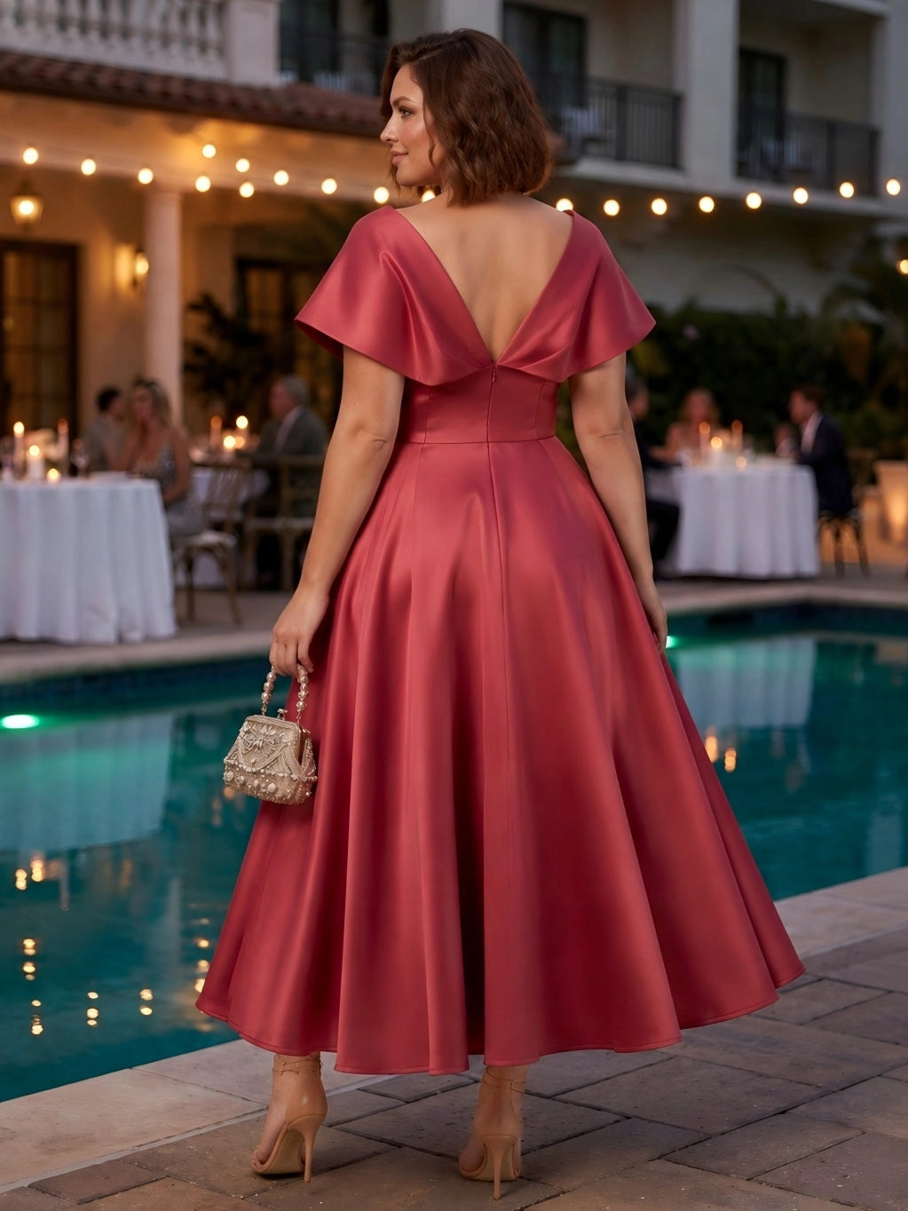 Roselledress rose satin midi formal dress back view, v-back zipper closure plus size wedding guest tea length dress