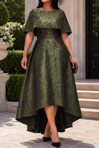 Roselledress Olive Green A-Line Boat Neck Cape Sleeve Zip Back High Low Jacquard Plus Size Prom Dress