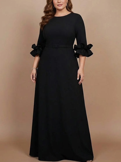 roselledress black plus size mother of bride gown round neck ruffle cuff belted maxi formal dress