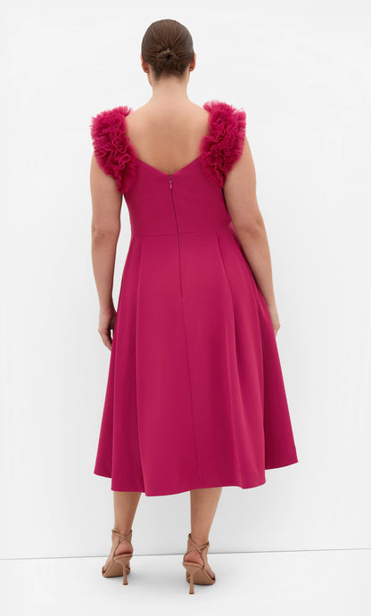 Blush Pink Tulle Ruffle Strap Midi Plus Size Wedding Guest Dress
