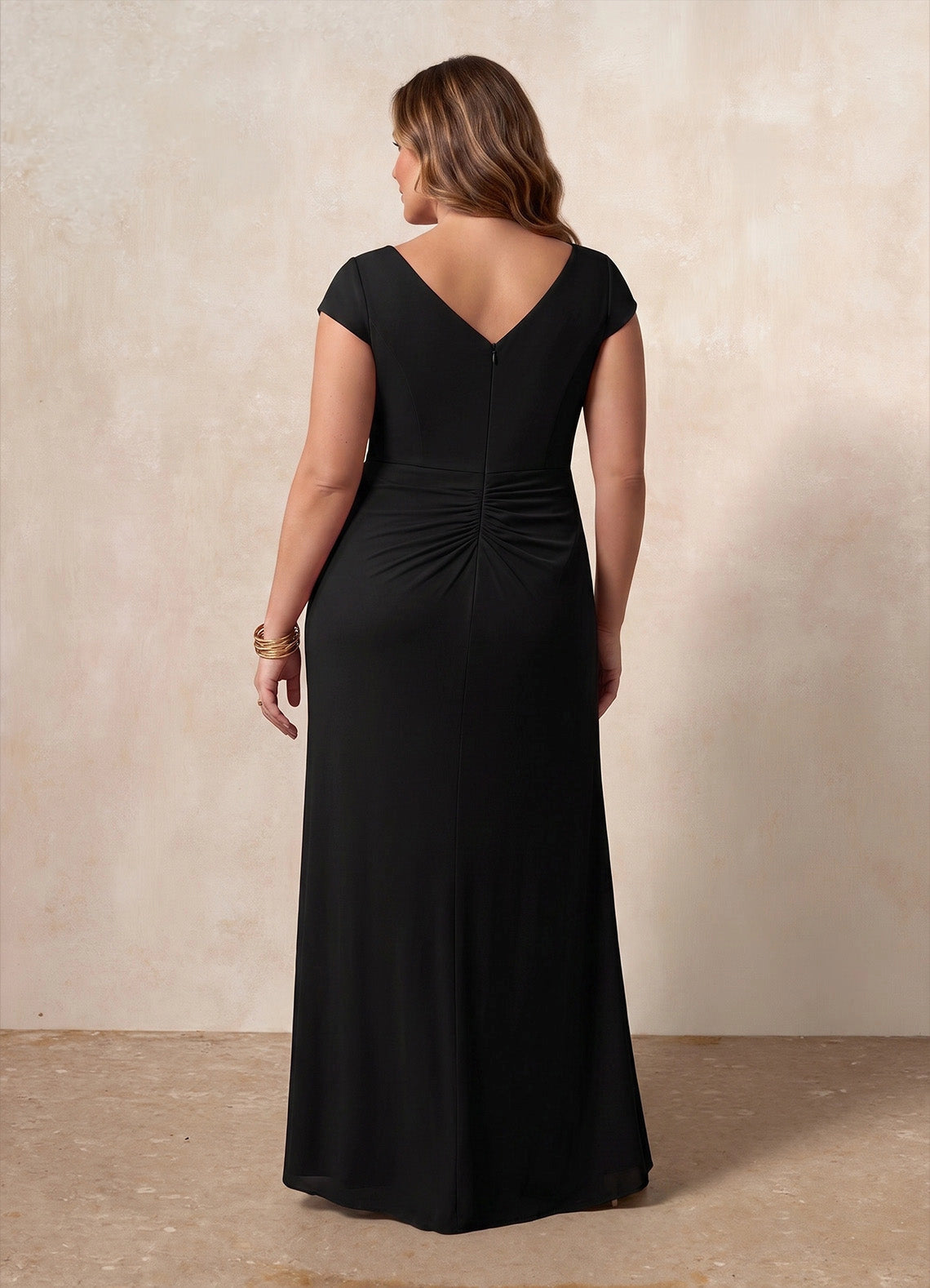 back view Roselledress stretch plus size evening dress ruched v back zip back long mother of bride dress