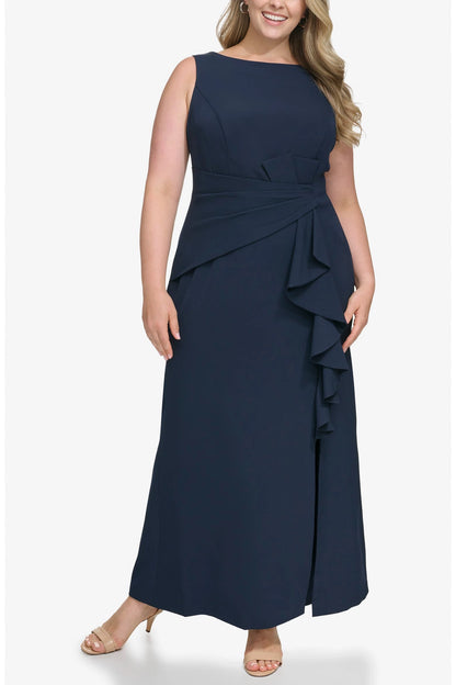 Roselledress Sleeveless Boat‑Neck Ruffle‑Trim Zip‑Back Maxi Plus Size Mother Of Bride Dress