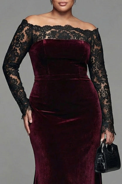 Mermaid Velvet Off The Shoulder Lace Long Sleeve Zipper Back Maxi Plus Size Wedding Guest Dress