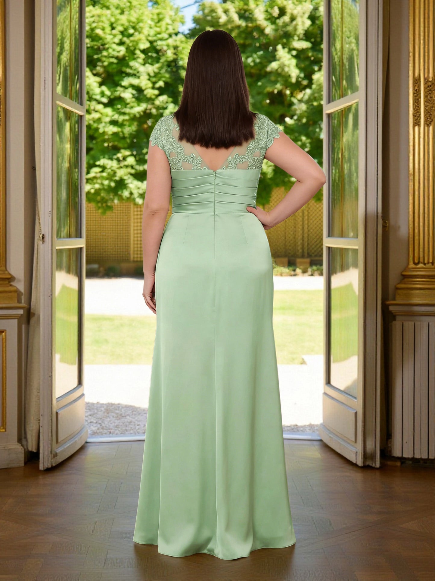Roselledress sage green mermaid formal dress sheer v‑back lace cap sleeve floor length plus size gown back view
