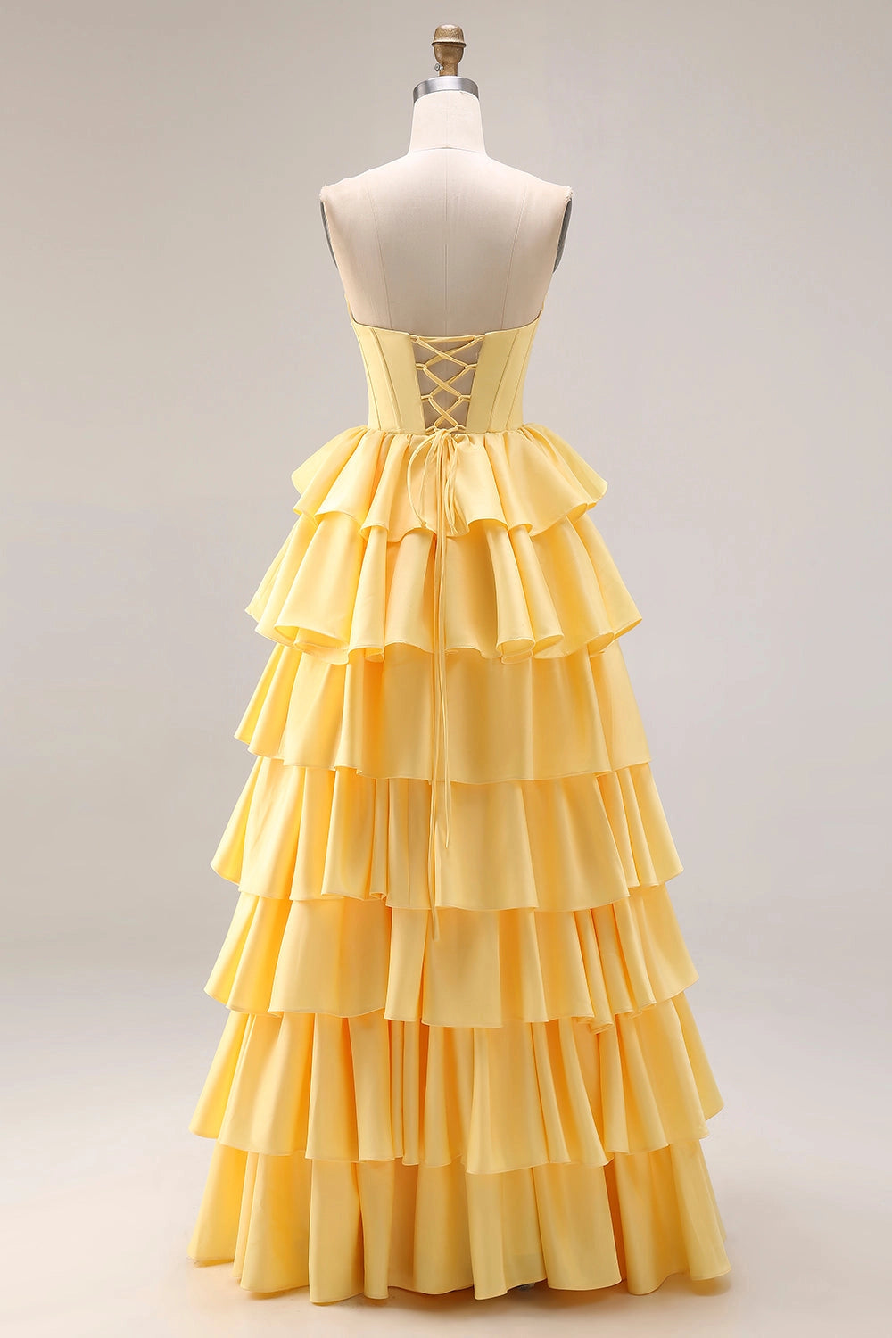 RoselleDress corset lace up open back yellow tiered ruffle satin maxi gown back view