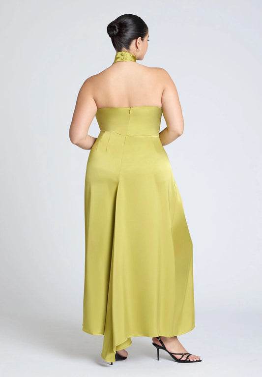 Roselle Dress plus size chartreuse satin open‑back halter maxi formal wedding guest dress back view with zipper closure