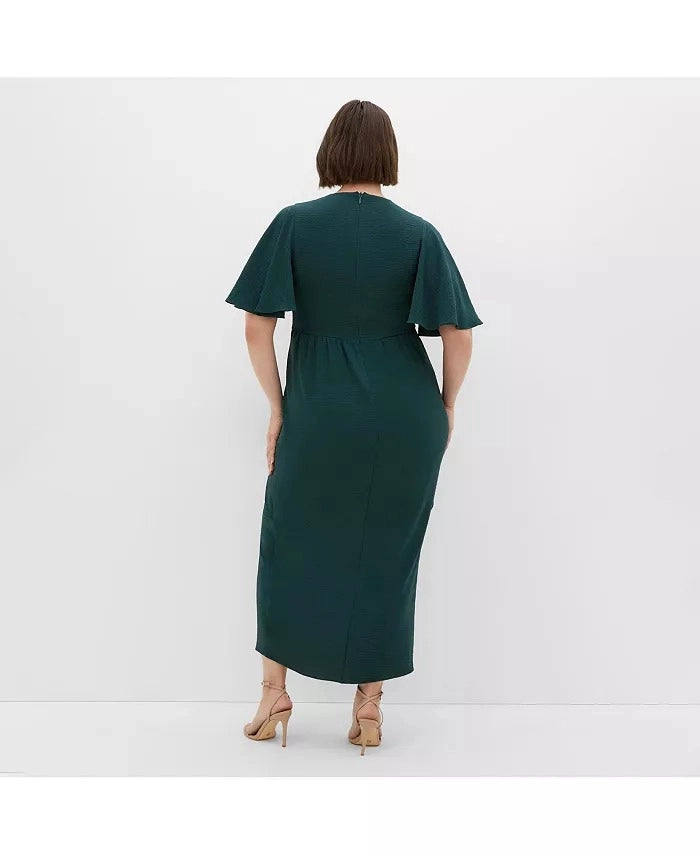 roselledress emerald green plus size flutter sleeve wrap midi dress back zipper closure textured fabric formal evening dress back view