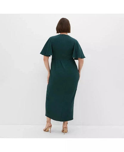 roselledress emerald green plus size flutter sleeve wrap midi dress back zipper closure textured fabric formal evening dress back view