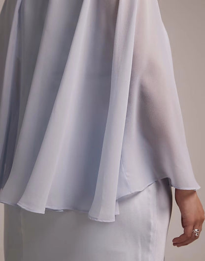 Flowy Cape‑Overlay Round‑Neck Satin‑Skirt Zip‑Back Maxi Plus Size Wedding Guest Dress