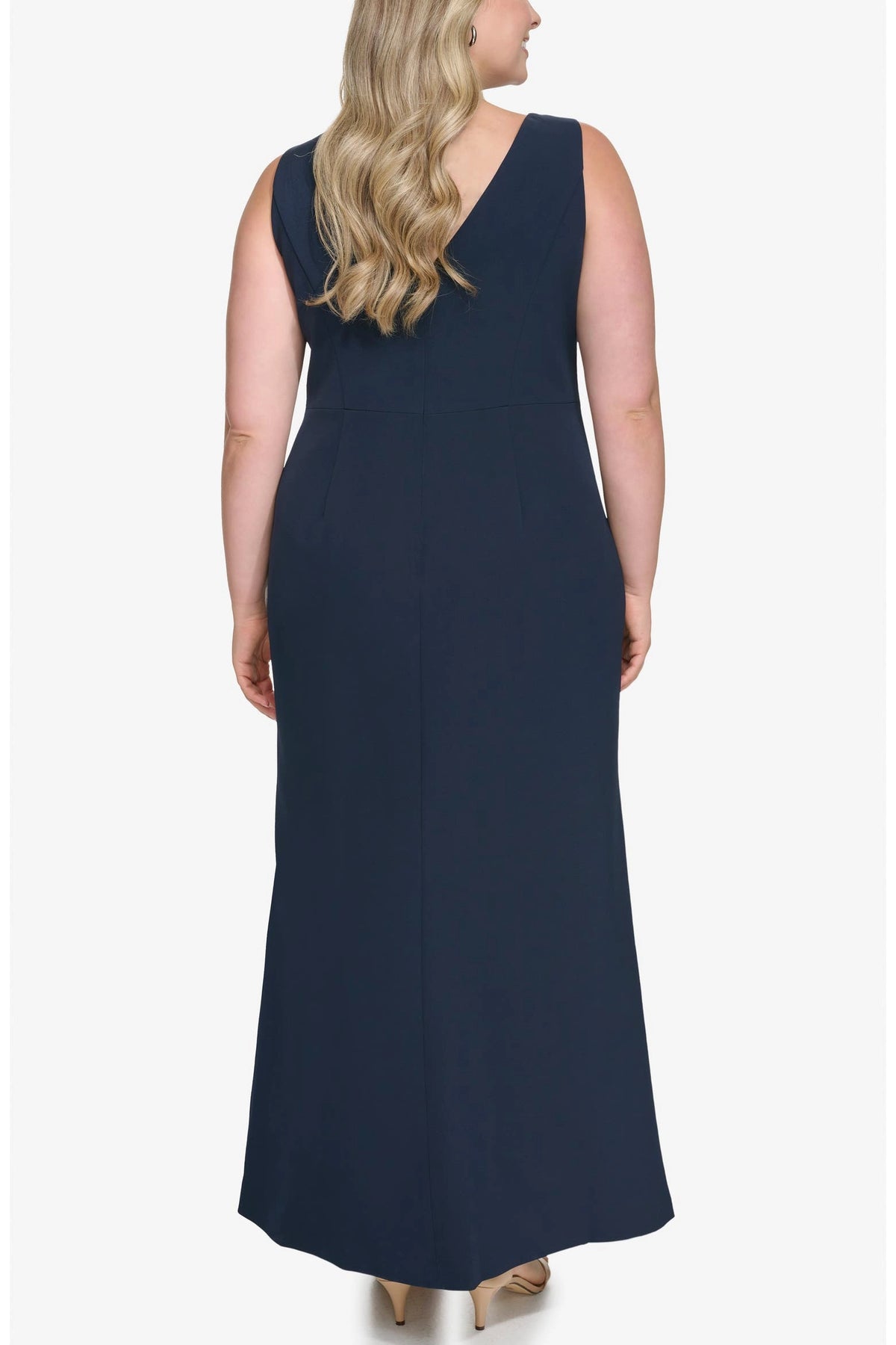 roselledress navy blue plus size sleeveless maxi gown deep v‑back zipper closure structured crepe formal mother of bride dress back view