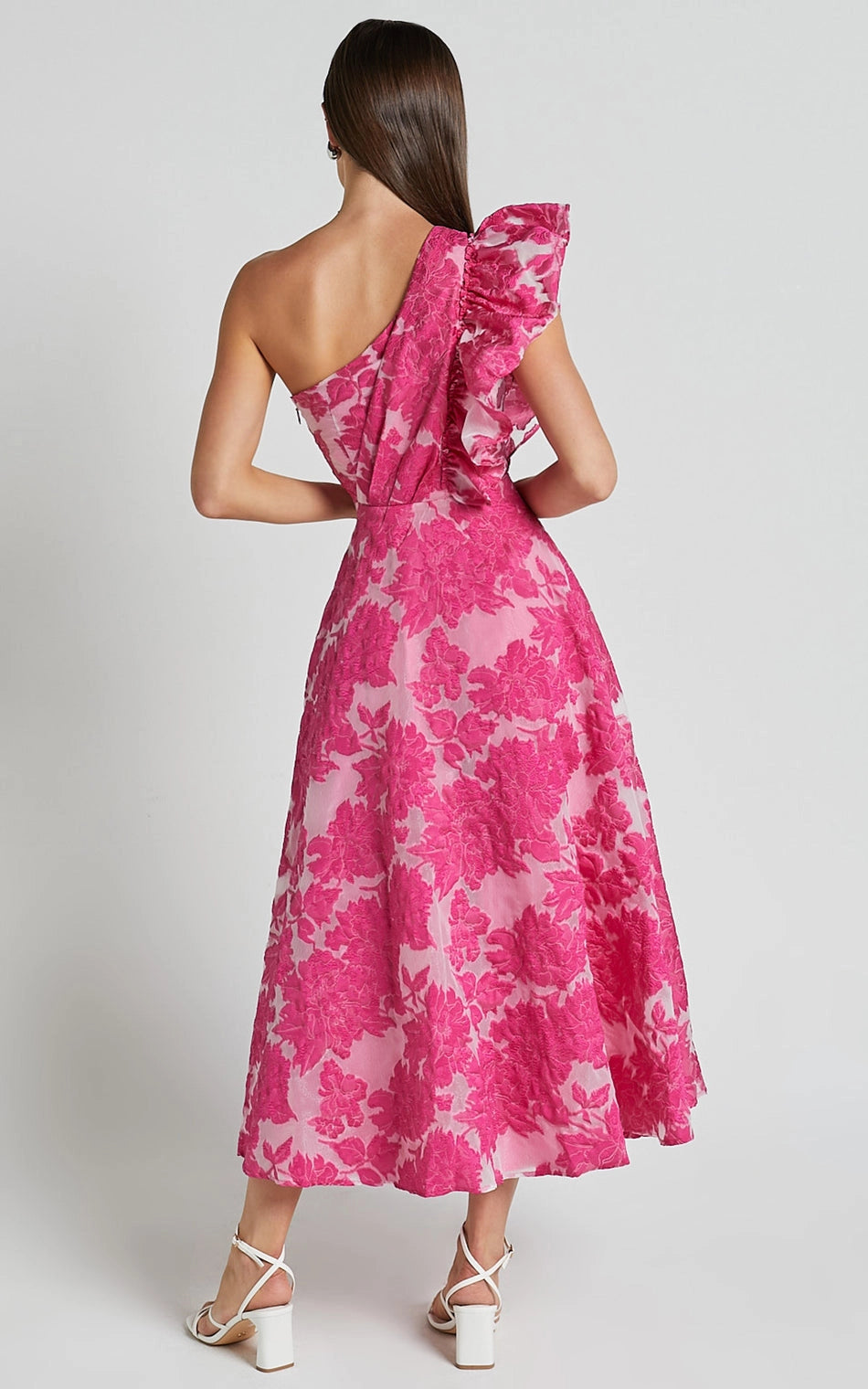 Roselledress one shoulder ruffle plus size wedding guest dress back view, side zipper floral midi party gown