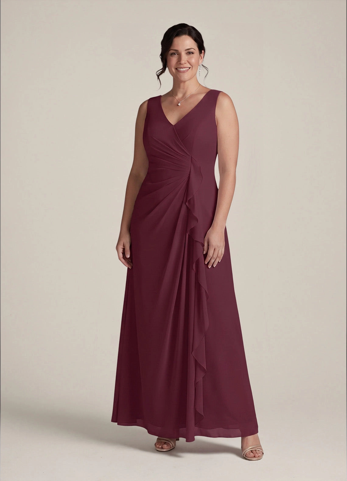 Elegant A-Line V-Neck Sleeveless Ruched-Zipper Back Floor-Length Plus Size Mother Of Bride Dress
