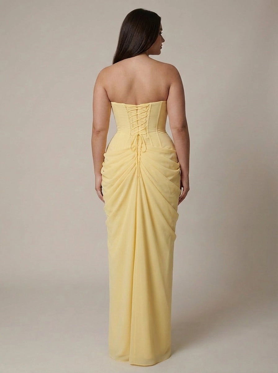 RoselleDress plus size yellow chiffon formal dress strapless corset lace‑up tie back rear view