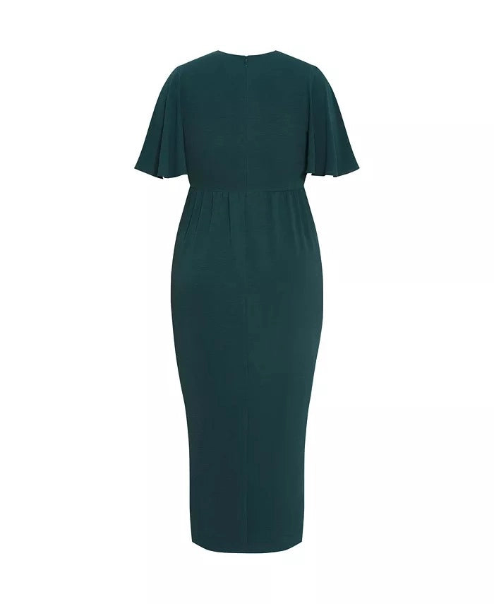 Roselledress Elegant Wrap‑Front Flutter‑Sleeve Zip‑Back Midi Plus Size Wedding Guest Dress