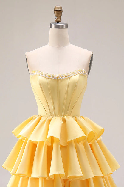 Yellow Ballgown Strapless Tube Sleeveless Lace Up Back Maxi Prom Dress