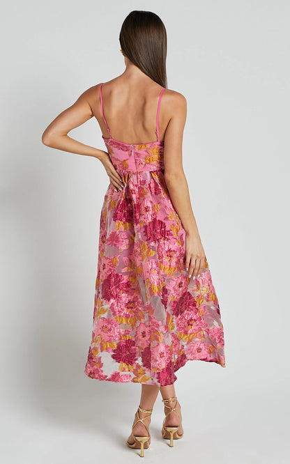 Roselledress textured floral midi plus size dress back view, adjustable straps hidden zipper summer formal dress