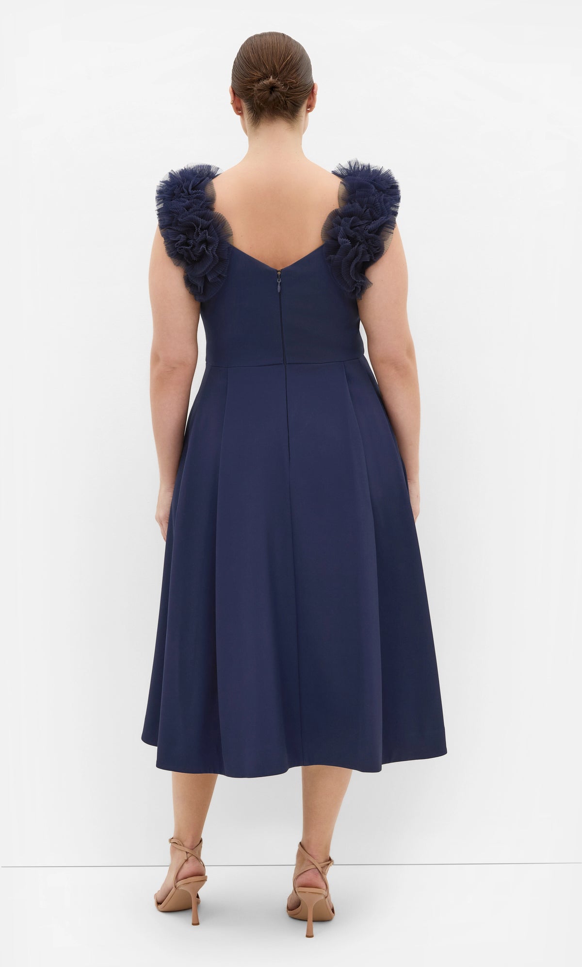 Blush Pink Tulle Ruffle Strap Midi Plus Size Wedding Guest Dress