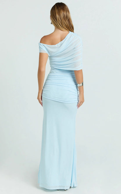 Romantic Mermaid One Shoulder Mesh Short Sleeve Open Back Tie Waist Plus Size Maxi Wedding Guest Dress