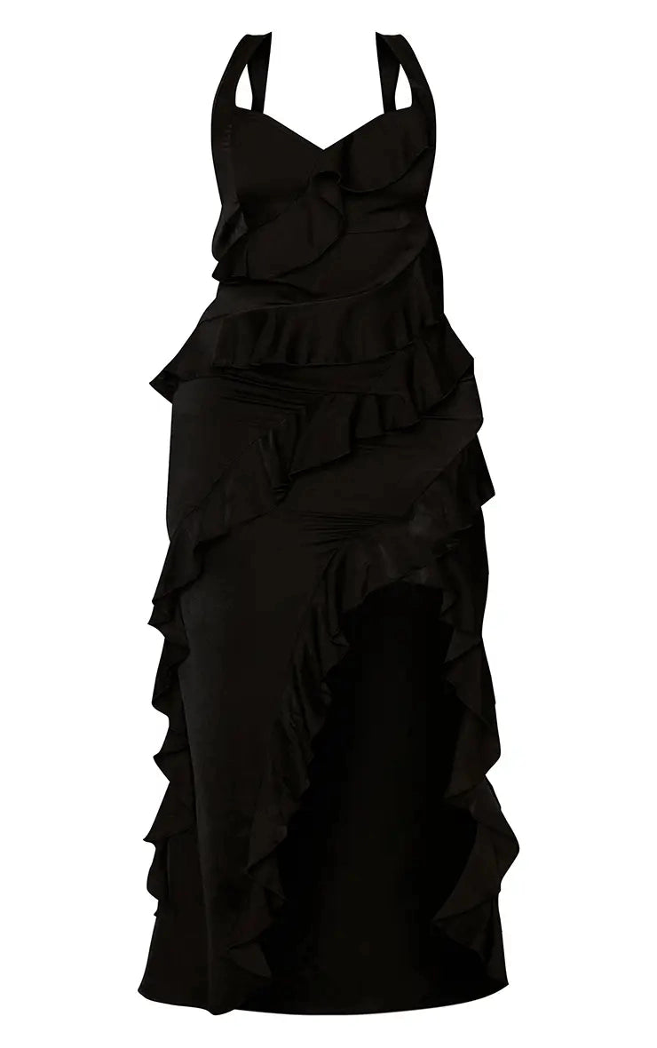 Satin Ruffled Midi V‑Neck Sleeveless Open‑Back Maxi Plus Size Wedding Guest Dress