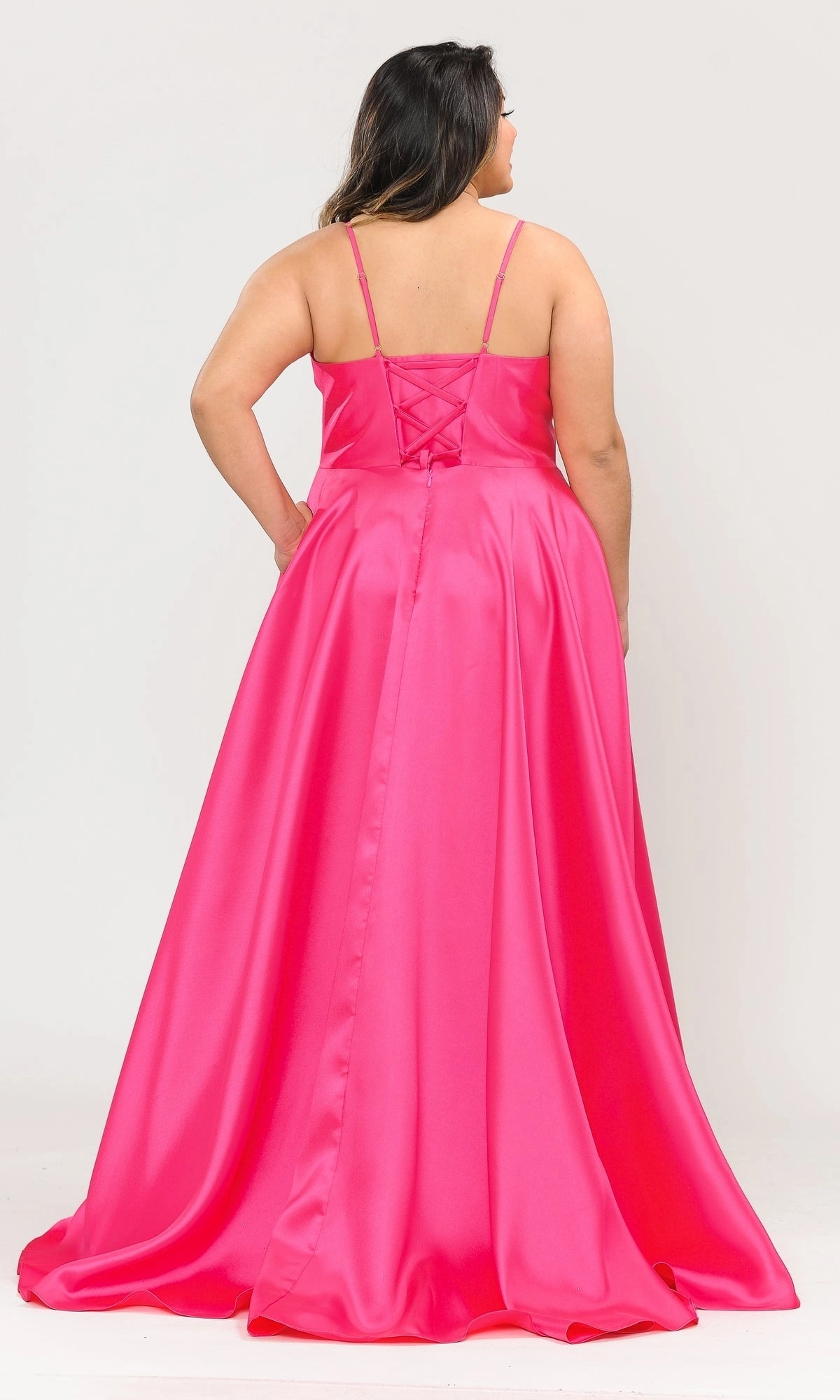 Classic A-Line V-Neck Spaghetti Strap Lace-Up Back Floor Length Plus Size Satin Prom Dress 