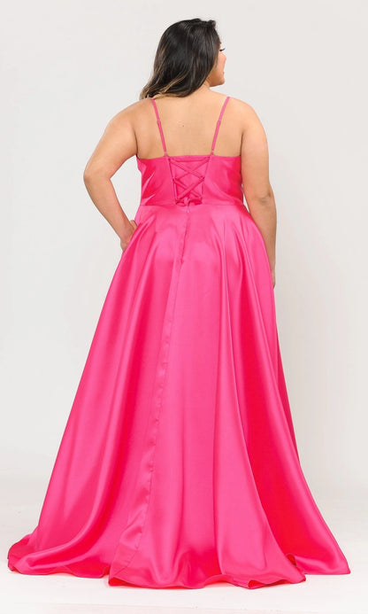 Classic A-Line V-Neck Spaghetti Strap Lace-Up Back Floor Length Plus Size Satin Prom Dress 