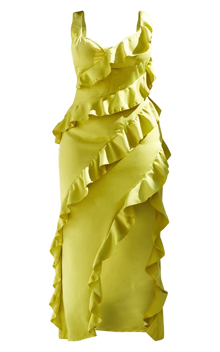 Satin Ruffled Midi V‑Neck Sleeveless Open‑Back Maxi Plus Size Wedding Guest Dress