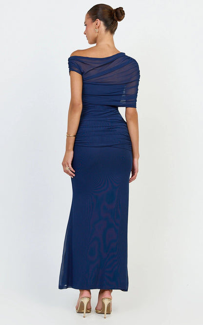 Romantic Mermaid One Shoulder Mesh Short Sleeve Open Back Tie Waist Plus Size Maxi Wedding Guest Dress