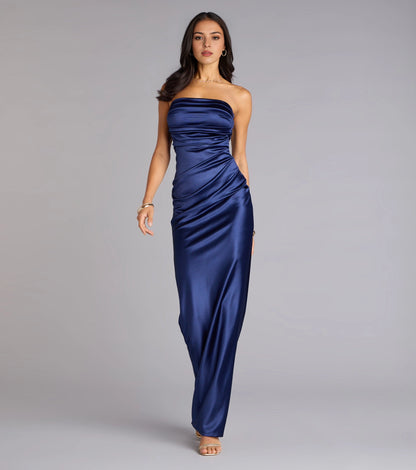 Roselledress Glossy Mermaid Strapless Sleeveless Zip-Back Maxi Plus Size Prom Dress