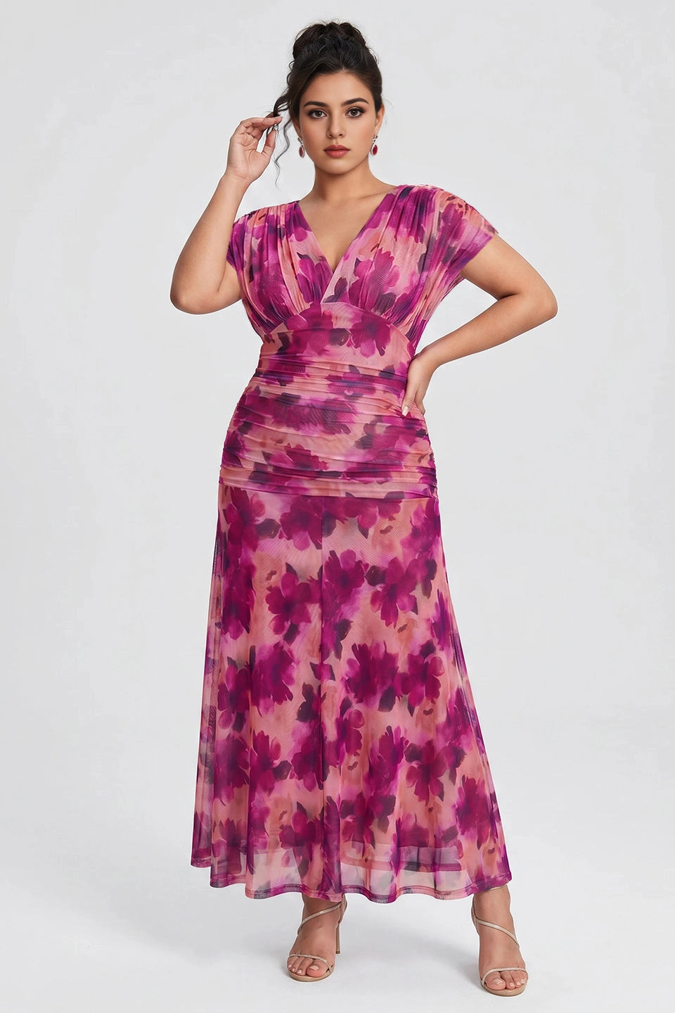 Chic Plus Size A‑Line Surplice‑V Flutter‑Sleeve Ruched‑Back Midi Mother Of Bride Dress
