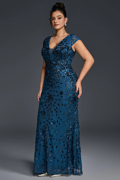 Slim Mermaid Deep V Cap-Sleeve V-Back Floor-Length Plus Size Mother Of Bride Dress