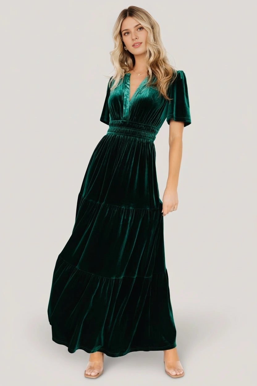 Emerald A‑Line V‑Neck Short‑Sleeve Smocked‑Back Floor‑Length Mother Of Bride Dress