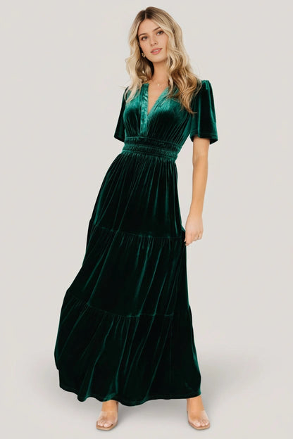 Emerald A‑Line V‑Neck Short‑Sleeve Smocked‑Back Floor‑Length Mother Of Bride Dress