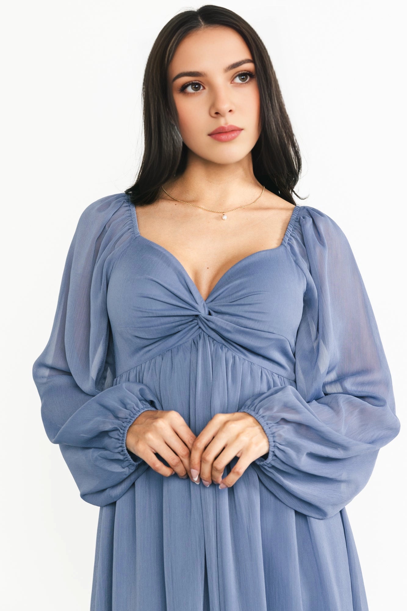 Flowy Midi V-Neck Twist Long Sleeve Smocked-Back Mother Of Bride Dress