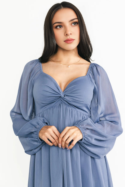 Flowy Midi V-Neck Twist Long Sleeve Smocked-Back Mother Of Bride Dress