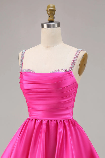 Hot Pink A-Line Straight Spaghetti Strap Closed Back Mini Homecoming Dress