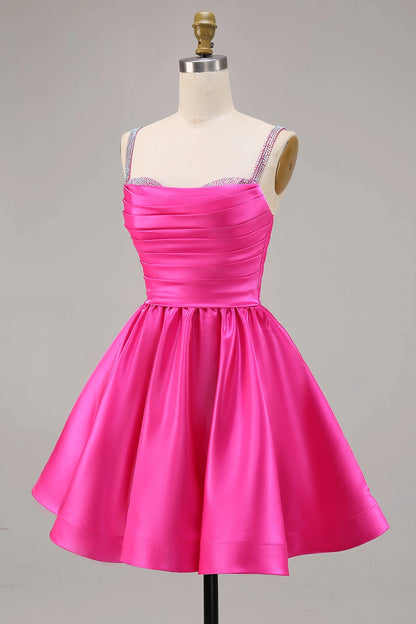 Hot Pink A-Line Straight Spaghetti Strap Closed Back Mini Homecoming Dress