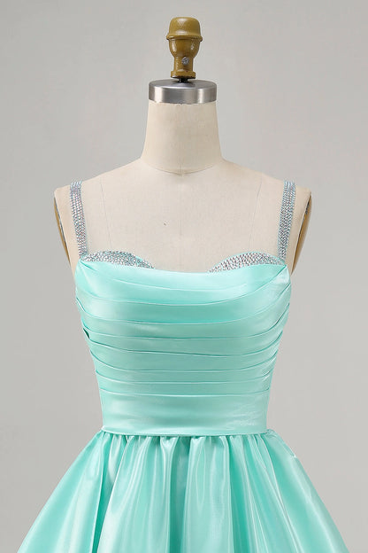 Hot Pink A-Line Straight Spaghetti Strap Closed Back Mini Homecoming Dress