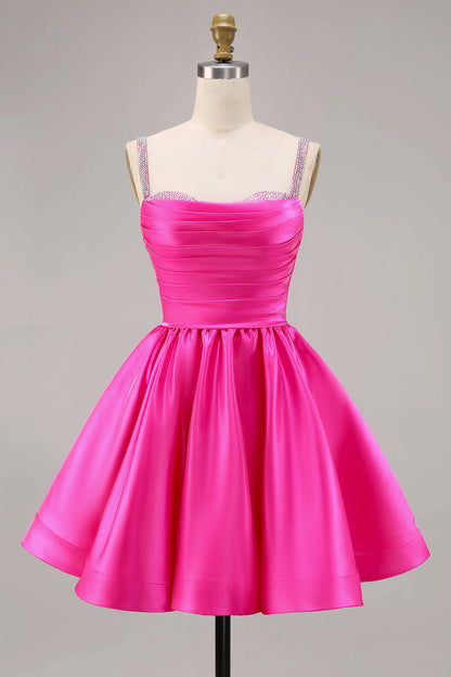 RoselleDress hot pink rhinestone strap mini homecoming dress pleated a-line satin party gown