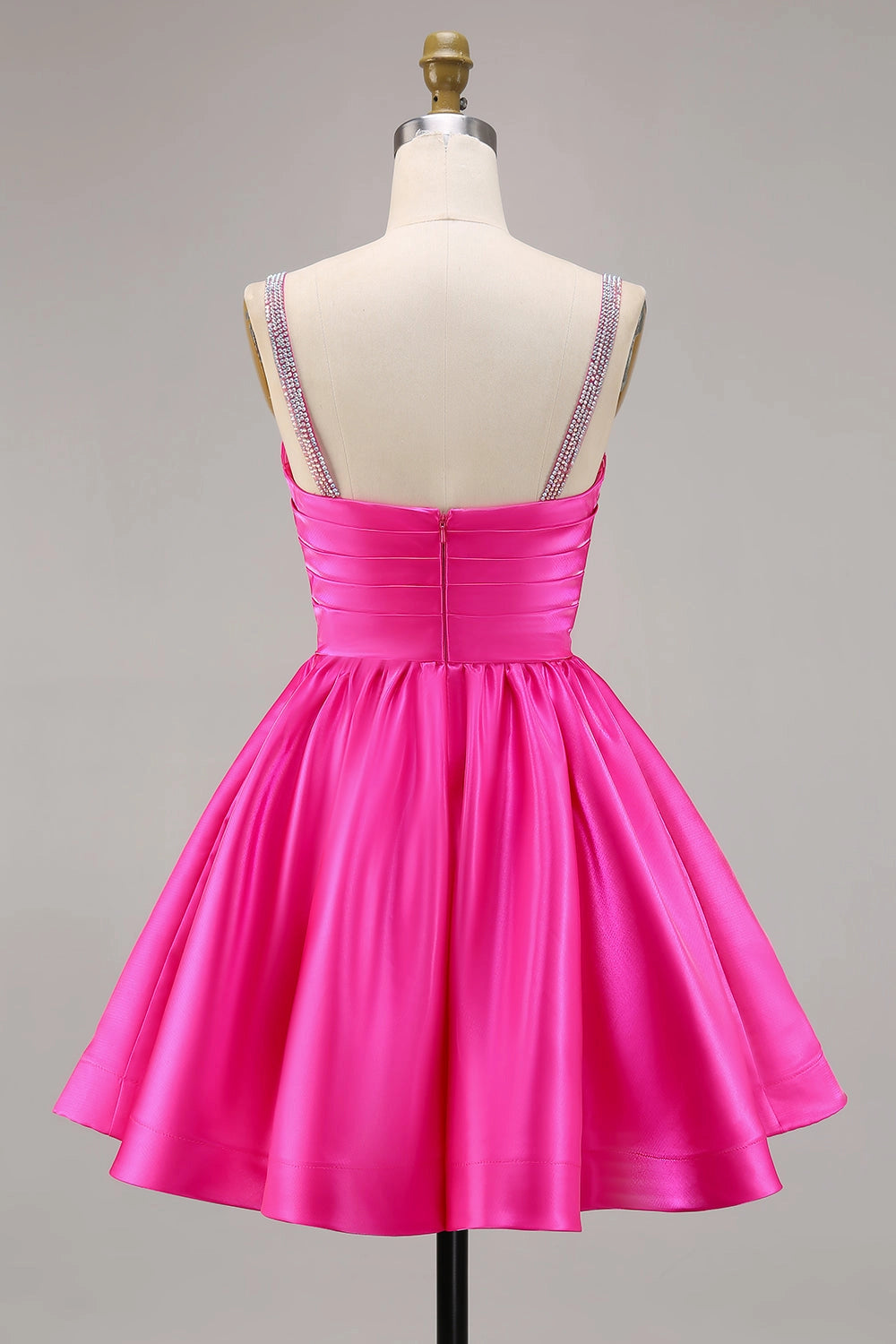 Back view RoselleDress hot pink pleated satin mini dress rhinestone strap homecoming gown