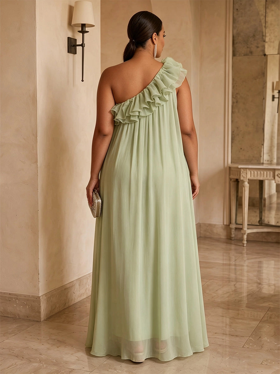 Model wearing roselledress sage green one‑shoulder ruffle plus‑size chiffon formal dress open‑back rear view