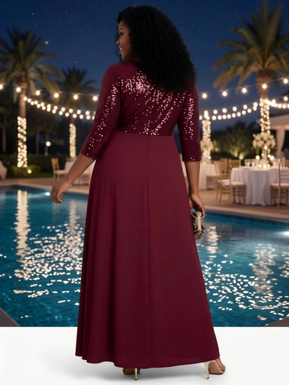 Roselledress wine red formal evening gown back view, solid back zipper sequin top plus size wedding guest long dress