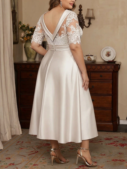 RoselleDress ivory champagne lace midi formal gown deep v back zipper plus size mother dress back shot