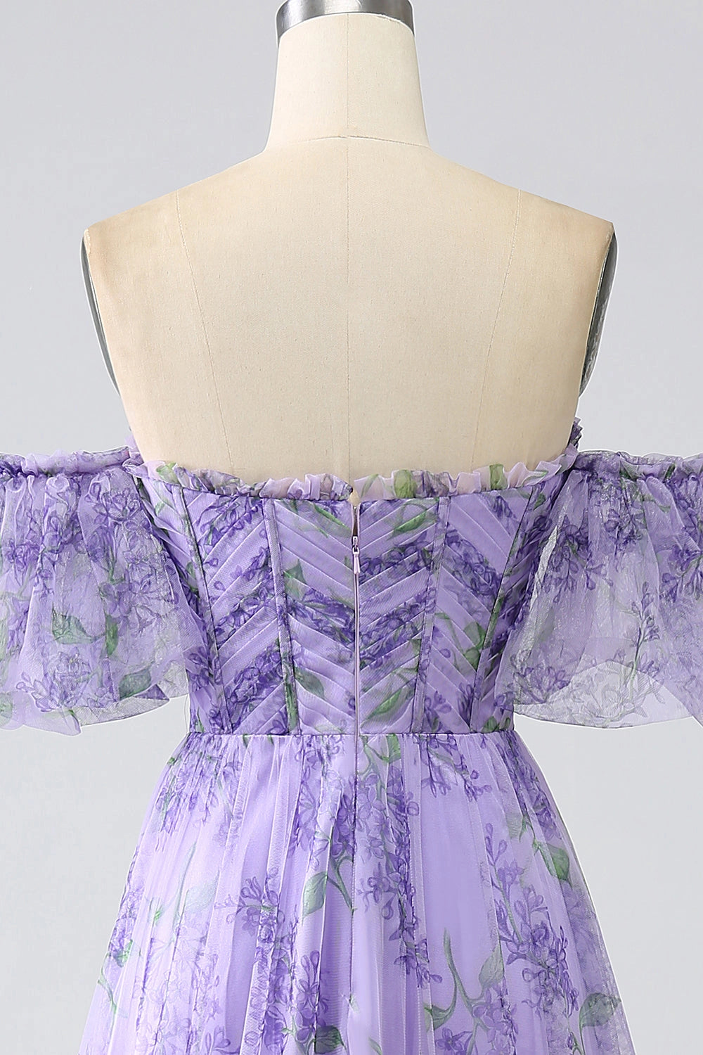 Lavender Plus‑Size A‑Line Off‑The‑Shoulder Detachable‑Sleeve Zipper‑Back Sweep‑Train Prom Dress 