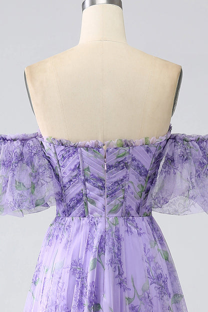 Lavender Plus‑Size A‑Line Off‑The‑Shoulder Detachable‑Sleeve Zipper‑Back Sweep‑Train Prom Dress 
