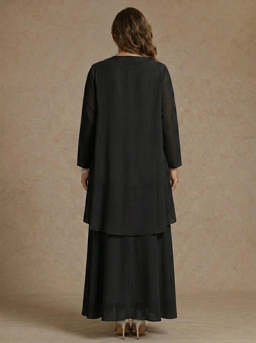 Back view of Roselledress black plus size three piece chiffon mother dress open back long cover up layered flowy maxi mature formal gown